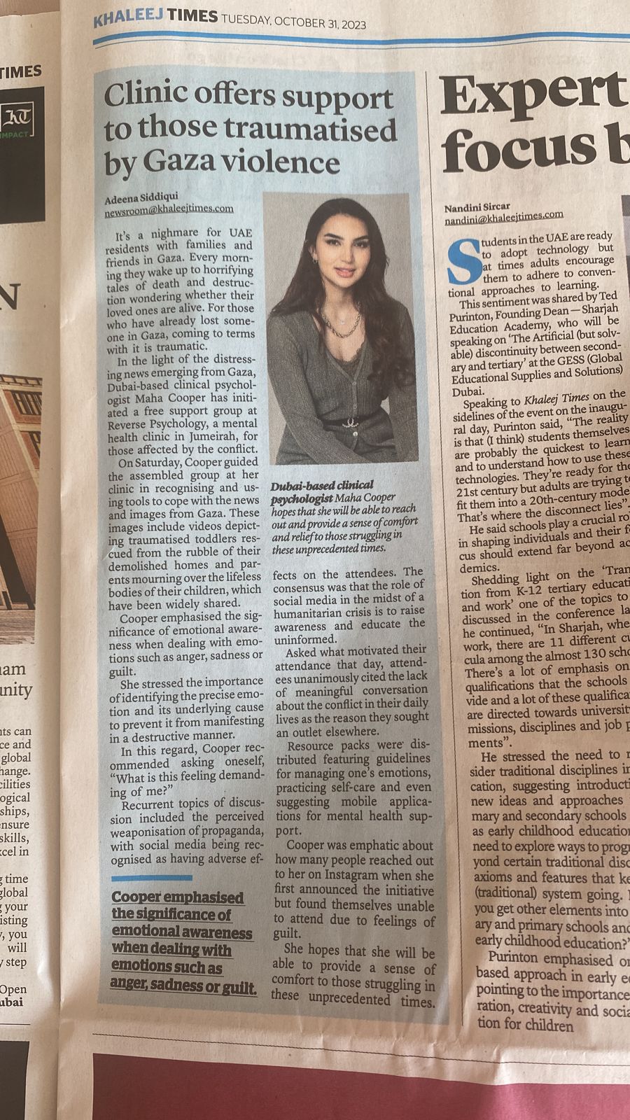 Maha Cooper featured in Khaleej Times